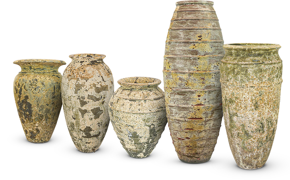 Five tall decorative vases in a row, each with a unique texture and finish.